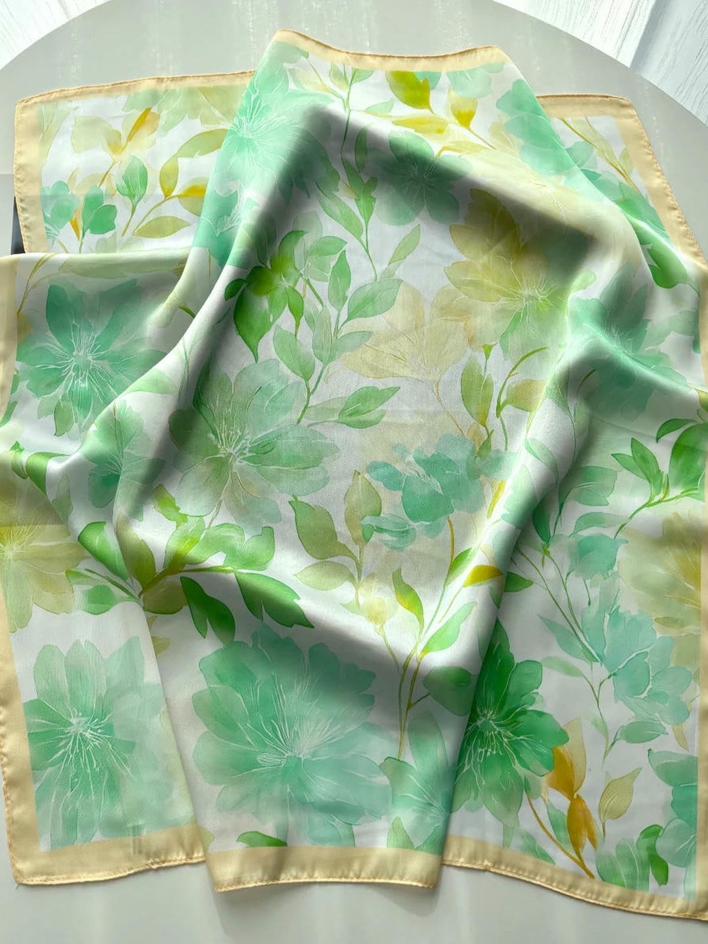 Silk -feel Floral Green & Cream  Scarf Head Scarf, Neck